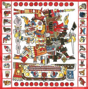 Imagen obtenida del Códice Borgia donde aparece el dios del Inframundo, Mictlantecuhtli, y Quetzalcóatl.