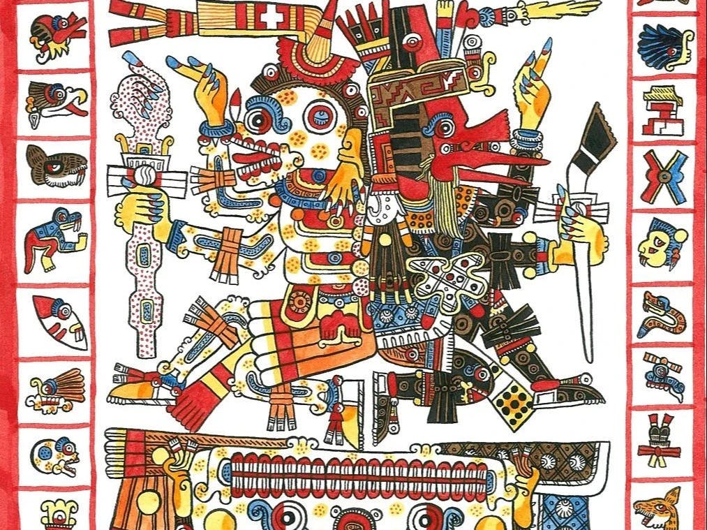 Mictlantecuhtli, dios del Inframundo y de la muerte junto al dios Quetzalcóatl  según el Códice Borgia.