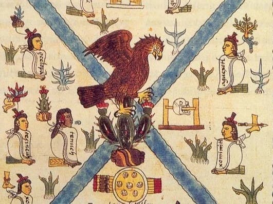 Primera lámina del Códice Mendoza que representa la fundación de Tenochtitlán.