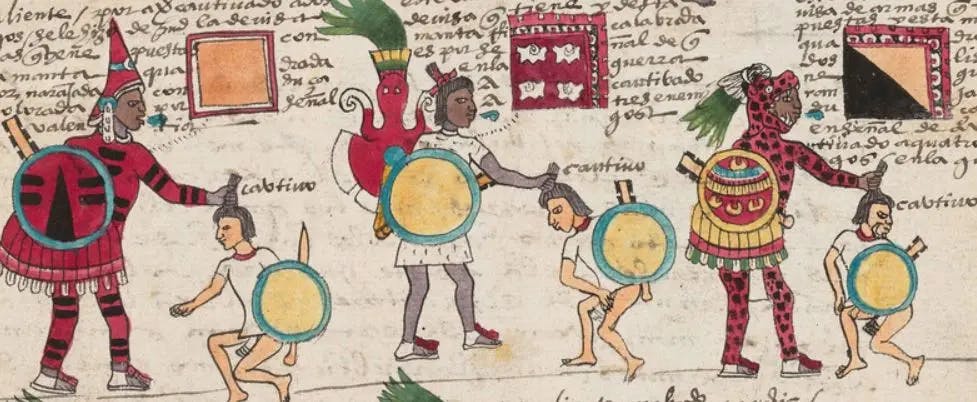 Guerreros mexicas que han capturado a 2, 3 y 4 enemigos según el Códice Mendoza. 