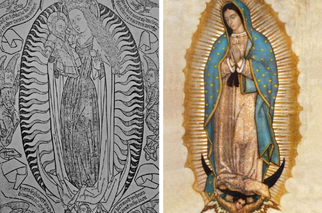 A la izquierda, Virgen en glorie. Un grabado flamenco del siglo XIV. A la derecha, la imagen de Nuestra Señora de Guadalupe estampada milagrosamente (en teoría).